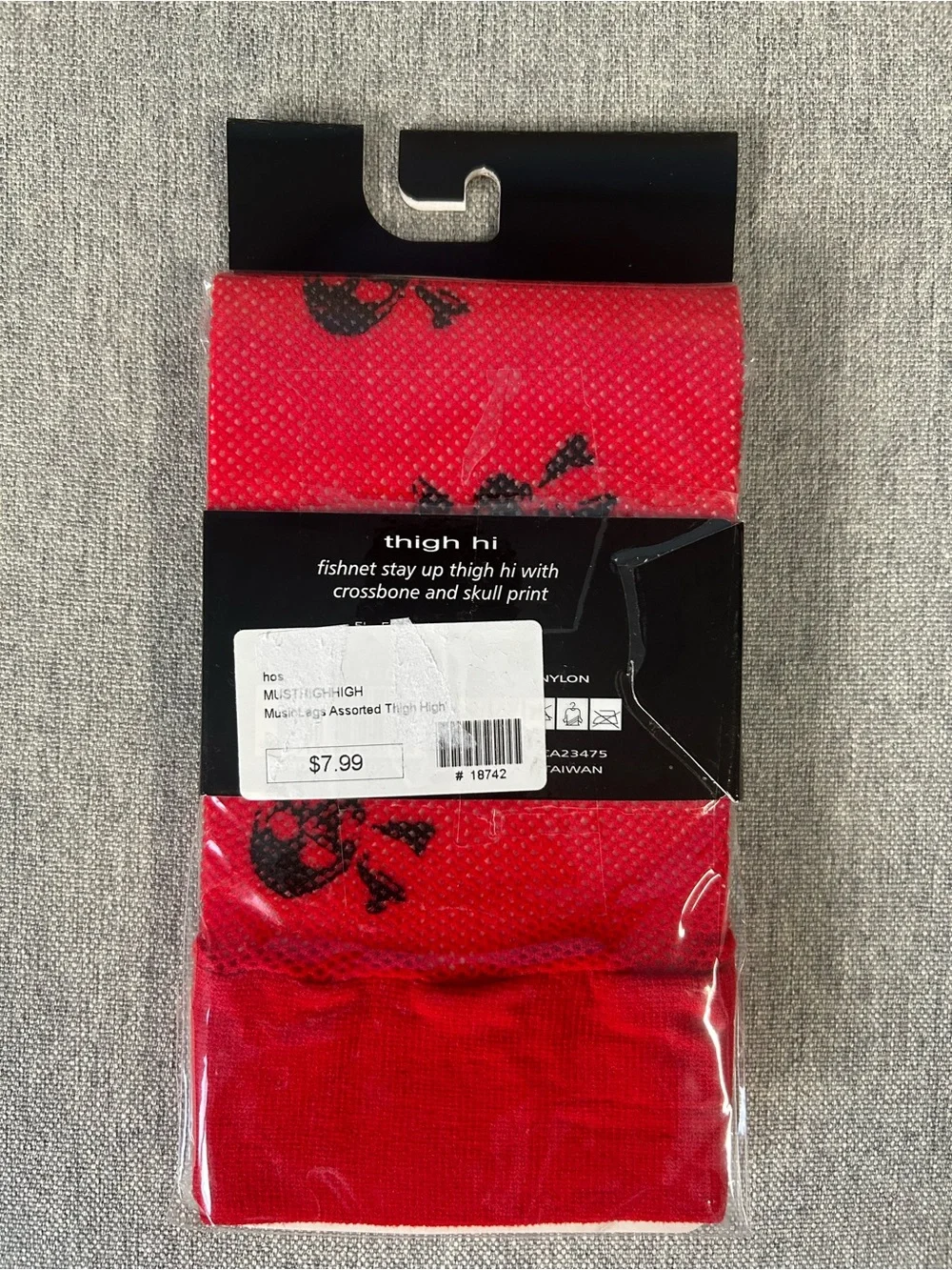 Music Legs Red Fishnet Thigh-Highs with Black Skull Accents
